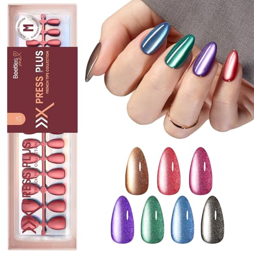 Beetles X Press Cat Eye Nails - 7 Colors Medium Almond Press On Nails - color: 4 - Midnight CatEye - M
