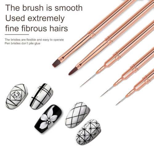 5PCS Nail Art Brushes Set, Rose Gold Gel Nail Brushes with Flat Builder Brush, Angled French Tip Brush, Detail Liner Brushes, Professional Manicure Tools for Gel Polish Application - color: Rose Gold