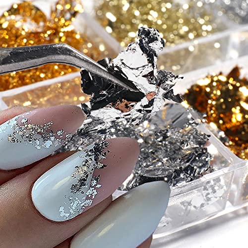 Holographic Nail Foil Flakes 3D Sparkly Aluminum Foil Glitter Sequins Nail Art Supplies Gold Silver Nail Art Foil Glitter Paillettes Line Strip Nail Glitter Flakes for Acrylic Nails Design (6 Grids) - color: A1