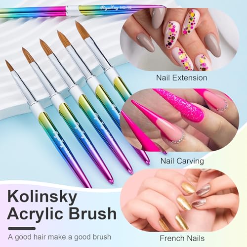 6PCS Kolinsky Nail Art Brush Set, 4/8/10/12/14/16. Oval Shaped Acrylic Powder Nail Design Tools for Professional Manicure DIY Home - color: Gradient, size: 6PCS