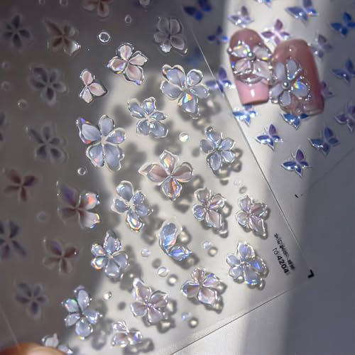 5D Embossed Laser Flower Nail Stickers for Nail Art Self-Adhesive Glitter Silver Flower Nail Decals Reflective Petal Design Stickers Spring Summer Nail Art Decoration for Women DIY Manicure - style: 5D Embossed Nail Stickers-2