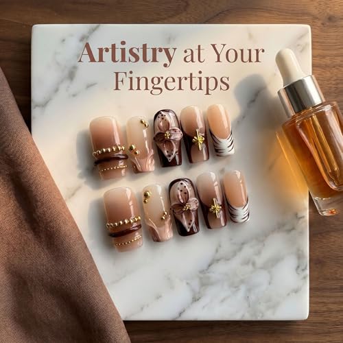 Handmade Press on Nails Medium Square Brown Gradient False Nails with 3D Flower and Swirl Design French Tip Fake Nails Luxury Reusable Acrylic Nails Press Ons for Women 10Pcs (Size M) - color: style4