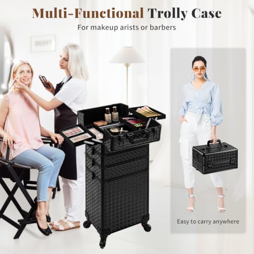 AROUS 5 in 1 Rolling Makeup Train Case with Lid Cosmetology Case on Wheels - color: Black