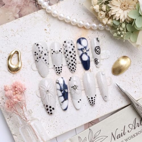 Long Stiletto Press On Nails, 30Pcs Blue White Floral Polka Dot Fake Nails - color: Blue White Floral Nails-15