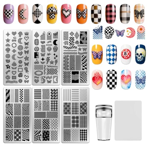 6 Sheets Nail Stamping Plate Minimalist Nail Art Stamp - color: Checkerboard