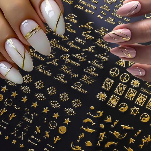 30 Sheets Gold Nail Art Stickersl, 3D Self-Adhesive Nail Decals - color: Gold-b