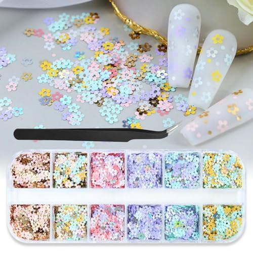 1 Box 6 Color Holographic Flower Nail Glitter Laser Aurora Pink Nail Sequins 3D Blue Purple Nail Flakes Sparkly Powder Flakes Shiny Nail Glitter Colorful Nail Sequins Glitter for Nails Art 12 Grids - color: Color 34