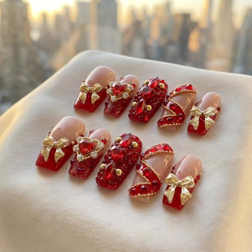 Handmade Press on Nails,Medium Coffin Red Gold Heart Fake Nails - color: style15