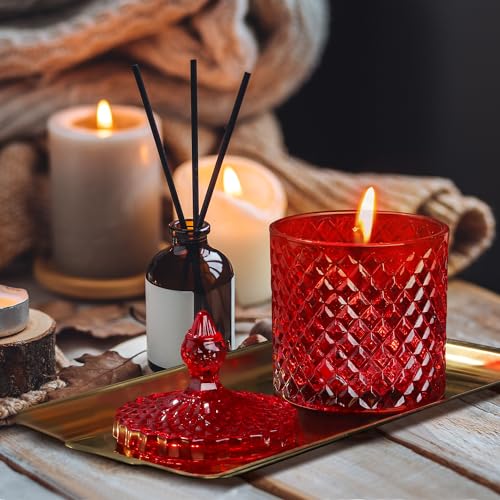Joeyan 18 oz Red Glass Jars with Lid,Embossed Candy Dishes,Diamond Faceted Glass Food Container,Decorative Jewelry Box Canisters,Colored Kitchen Bathroom Storage Organizer,Gifts for Wedding Buffet - color: Red
