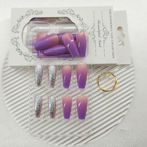 Short Press On Coffin False Nails with Glitter Sequins Designs Purple Gradient Glue On Nails - 24Pcs - color: Glitter Sequins Designs & Purple Gradient