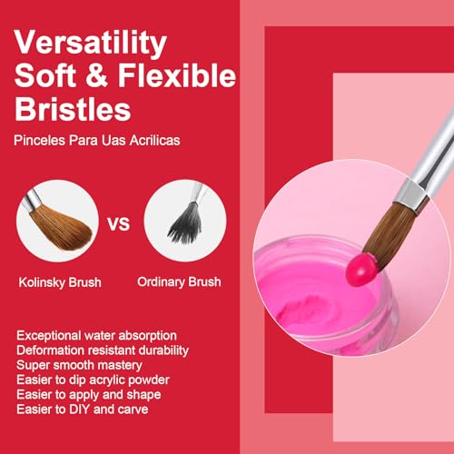 4PCS Acrylic Nail Brush Set, Kolinsky Hair, Oval Crimped Pressed Shaped, Size 6/8/12/16 - Red Metal Handle Professional Manicure Powder Brush for DIY Home Salon - color: A+4pcs Gradient Red Silver, size: 4PCS
