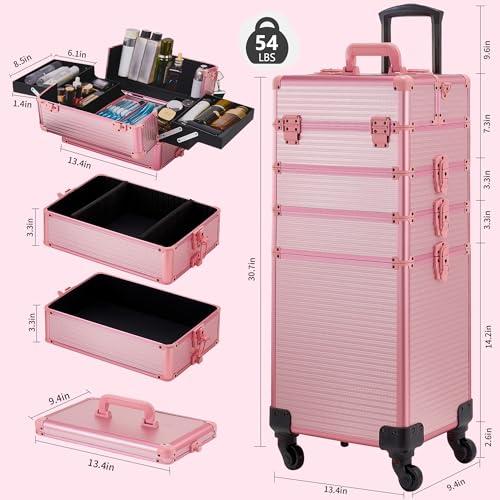 Rolling Makeup Case, Makeup Train Case with Lid, 5 in 1 Cosmetology Case on Wheels, Christmas Gift, Large Makeup Case Organizers, Profesional Cosmetic Case for Salon Barber, Pink - color: Pink