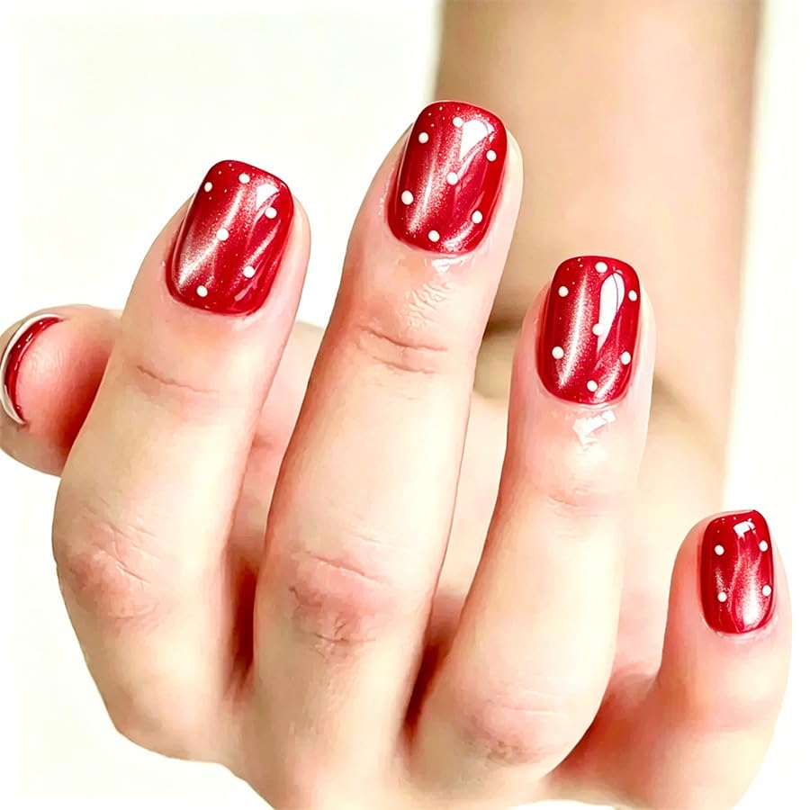 24Pcs Fall Press on Nails Short Square Polka Dot Fake Nails with Shiny Glitter Design Cute Polka Dots False Nails Red Acrylic Glue On Nails Autumn Glossy Full Cover Stick on Nails for Women - color: Fall03