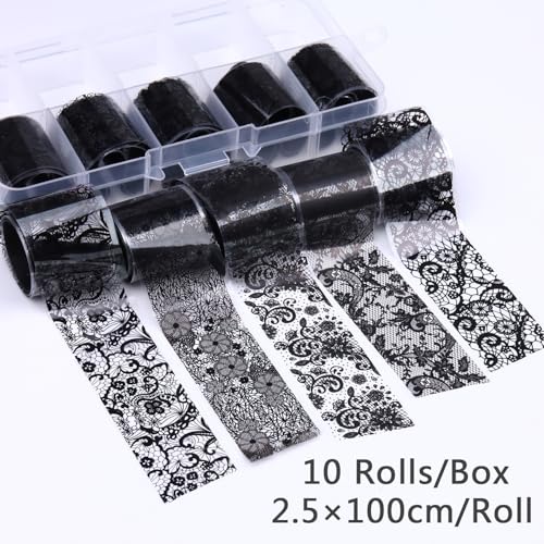 10 Rolls Lace Nail Art Foil Transfer Sticker Black Lace Flower Designs - color: Black Lace