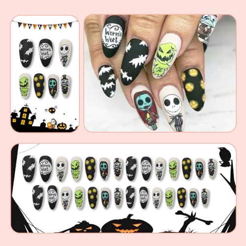 Halloween Press on Nails Almond Medium Length Fake Nails Matte False Nails with Skull Pumpkin Bats Designs Scary Nightmare Before Christmas Nails Full Cover Acrylic Glue on Nails for Women Manicure - color: Style 19