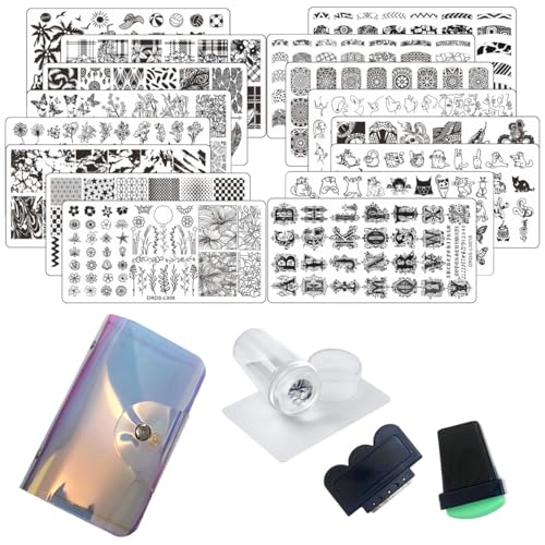 VNC 21 Pcs Nail Stamp Plates Set 16 Plate 2Stamper and 2 Scraper 1storage Bag Nails Art Stamping Plate Scraper Stamper Set Leaves Flowers Animal Nail Plate Template Image Plate Set
