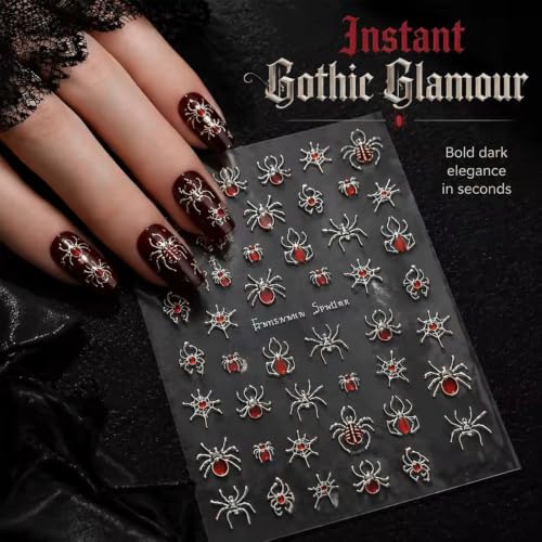 WOKOTO 4 Sheets Halloween Nail Stickers, Spider & Flame Nail Decals in Foil Gold Foil Silver Orange-Red & Blue-Purple, Self-Adhesive Gothic Nail Art Decals for Women Girls Halloween Manicure DIY Nails - color: Spider & Flame