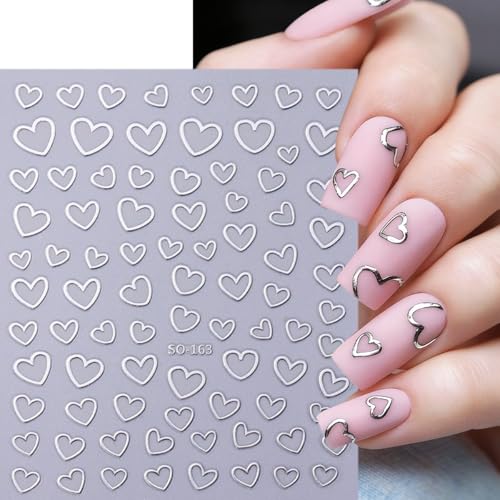 6 Sheets Heart Nail Stickers for Nail Art 3D Self-Adhesive Red Heart Nail Art Stickers White Silver Gold Hollow Hearts Love Designs Valentines Day Nail Decals for Women Acrylic Manicure Decoration - style: Heart Nail Stickers-16