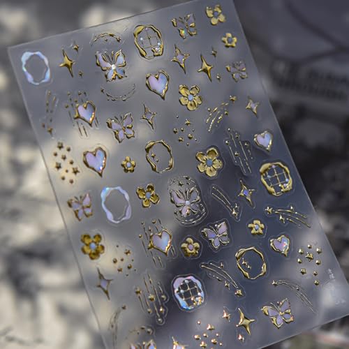 Gold Nail Stickers for Nail Art Flower Butterfly Nail Decals Golden Hibiscus Stickers for Nails Design 3D Self-Adhesive Gold Metal Stars Heart Coil Stickers for Nails Design Nail Supplies for Women - style: butterflies