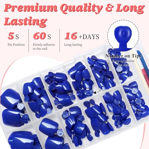 168pc Press on Toenails Women Fake Toe Nails with Adhesive Tabs, Blue Fake Toenails Press on Nails Toe Acrylic Nail Tips Short Square False Toenails Artificial Toe Nails Press ons - color: Blue