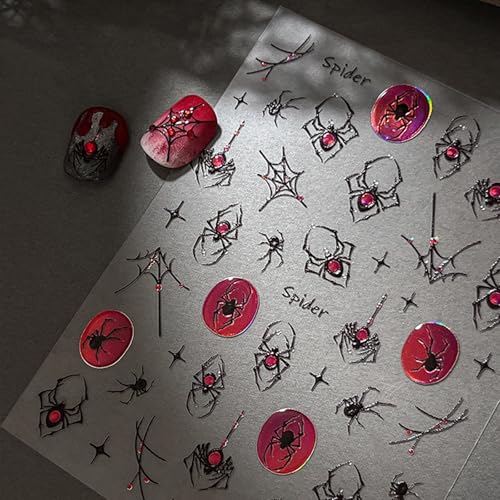 1Sheet Halloween Spider Nail Stickers for Nail Art Spider Web Nail Art Stickers 5D Embossed Halloween Nail Decals with Crystal Red Spider Web Nail Designs Manicure Decor for Women Manicure Supplies - style: spider web