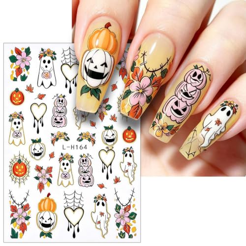 Halloween Ghost Nail Art Stickers Pumpkin Face Spider Webs Nail Art Decals 4 Sheets 3D Self-Adhesive Halloween Stickers Flower Maple Leaves Nail Designs for Women Holiday Nail Supplies Decorations - color: Halloween Style9