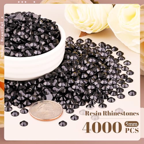 4000PCS 5mm Resin Rhinestones Bulk for Crafting (Black), Flatback Bedazzling Crystals for Crafts DIY Nail Decoration, Gems Charms for Tumbler Shoes Clothing Fabric with Pickup Pen and Tweezers - color: B04 Resin Rhinestones (Black), size: 5mm