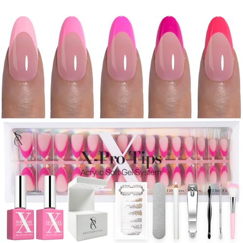 SXC Cosmetics French Tip Press On Nails – 5 Pink Series, Medium Almond, X-Pro Tips Starter Kit | 150PCS, 15 Sizes, 5 Styles, Beginner-Friendly - color: Pink - M Almond