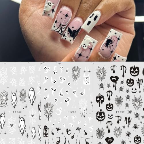 Halloween Nail Art Sticker Pumpkin Spider Web Nail Sticker 6Pcs French 3D Self-Adhesive Pumpkin Heart Spider Web Nails Decals French Flame Nail Supplies Accessories for Halloween Manicure Decoration - color: Pumpkin Spider Web