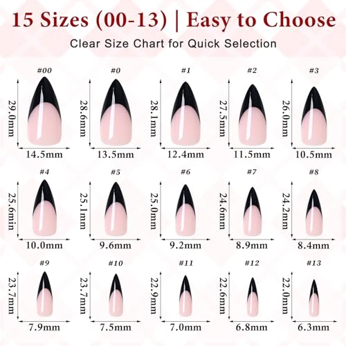 Black French Tip Press on Nails,Long Stiletto Nails, Light Pink - color: Black French Tips in Light Pink Base