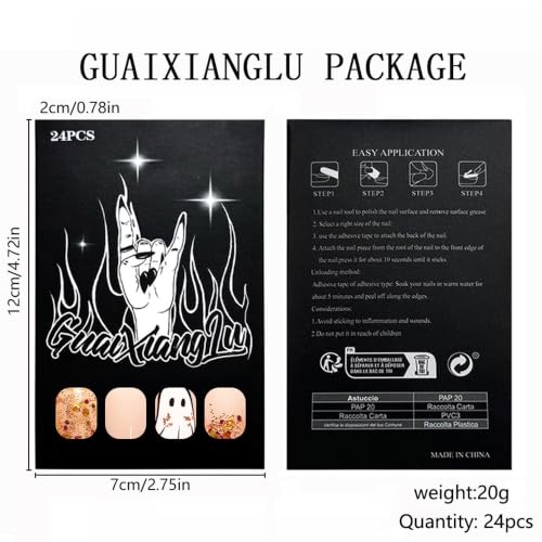 Halloween Press On Nails, Almond Ghost Gold Foil Design, Nude Brown - color: style 10