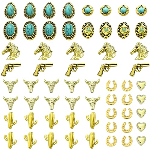 61 Pcs Western Turquoise Nail Charms 3D Metal Cowboy Cowgirl Nail Gems Charms Turquoise Bull Head Horseshoe Western Charm Stickers for DIY Nails Art Phone Case Crafts Rodeo Concert Outfits J - color: Gold