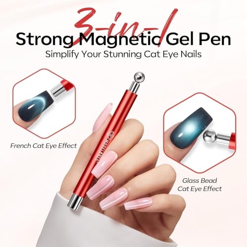 Modelones Cat Eye Magnet 5PCS 3-in-1 Dual-head Magnet Pen Heart Lightning Nail Stuff - color: A1-Red Cat Eye Magnet