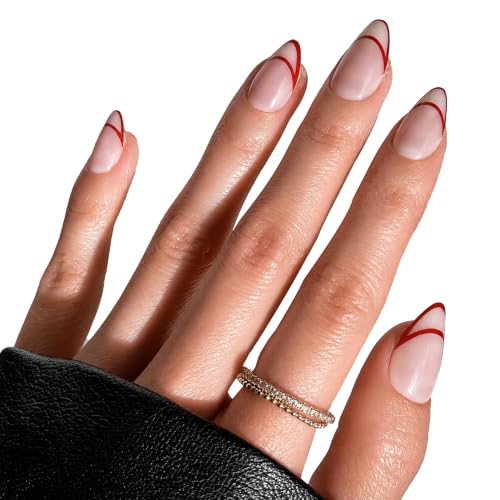 PaintLab Red Outline Press On Nails, Short Almond, 24pcs Nail Kit - color: Red Outline