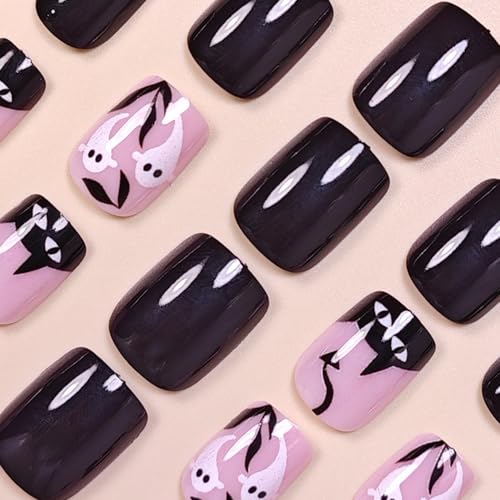 24 Pcs Halloween Press on Nails Cute Cat French Tip Fake Nails Glossy Full Cover False Nails with White Little Ghost Designs Acrylic Festival Stick on Nail Art DIY for Women Nail DIY - color: Halloween Style 015