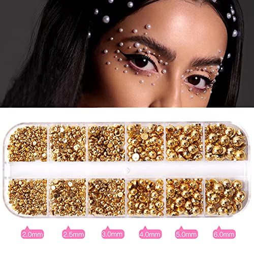 RODAKY 2000Pcs AB Gold Half Pearls for Crafts,Flatback Half Round Pearl for Nails,6 Sizes AB Gold Pearl Beads Rhinestones for Nails Art Design DIY Crafts Jewelry Making Clothe Shoes Decoration - color: Gold AB