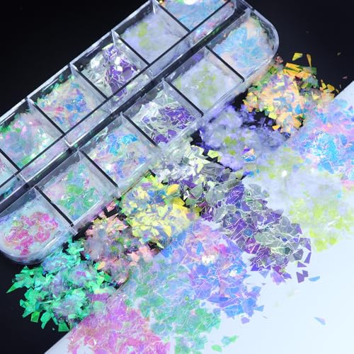 1 Box Holographic Aurora Nail Foil Laser Mermaid Nail Sequins 3D Iridescent Cellophane Nail Flakes Sparkly Glitter Flakes Shiny Nail Glitter Iridescent Nail Sequins Glitter for Nails Art 12 Grids - color: YHN27