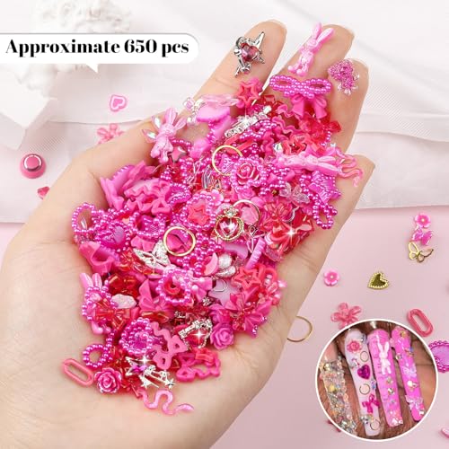 650PCS 3D Resin Nail Charms and Gems Hot Pink Flower Bow Butterfly Charms - color: Hot Pink