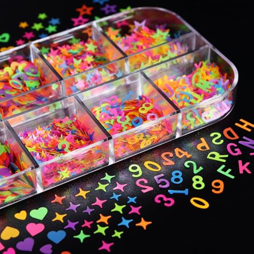 1 Box Holographic Heart Star Nail Glitter Butterfly Flower Nail Sequins 3D Letter Alphabet Nail Flakes Sparkly Powder Flakes Shiny Nail Glitter Figure Nail Sequins Glitter for Nails Art 12 Grids - color: Color 46