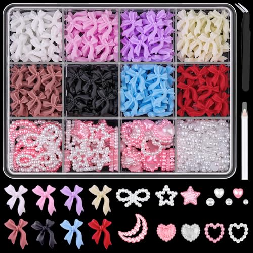 600 Pcs 3D Nail Bow Charms and Flatback Pearls Nail Charms Set 6 - color: Set 6- 8 Colors C Style