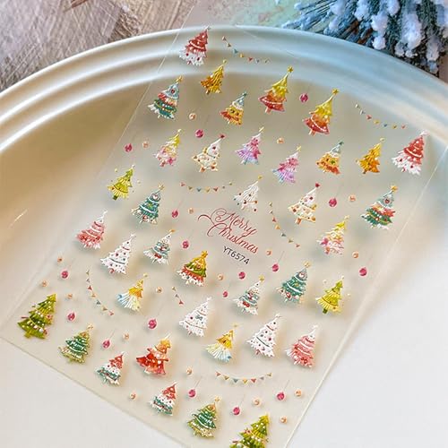 Christmas Nail Stickers for Nail Art Cute Colorful Christmas Tree Nail Art Stickers Xmas Winter 5D Embossed Nail Decals 3D Self-Adhesive Nails Supply Manicure Sliders for Nails Decoration - color: Cute Colorful Xmas Tree
