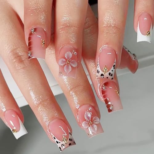 Medium Square Press on Nails French Tip Fake Nails with Leopard Print 24Pcs - color: Style-29