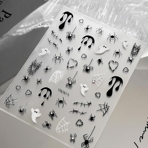 Halloween Nail Stickers for Nail Art Cute Ghost Spider Halloween Fingernail Nail Art Stickers Black White 5D Embossed Nail Decals 3D Self-Adhesive Nails Supply Manicure Sliders for Nail Decoration - color: Halloween Style11