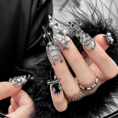 100PCS 3D Metal Punk Nail Art Charms, Silver Black Gothic Y2K Nail Studs, Rivets Spikes Beads Rings Alloy Nail Jewelry for DIY Manicure Salon Decoration (Punk) - color: Punk