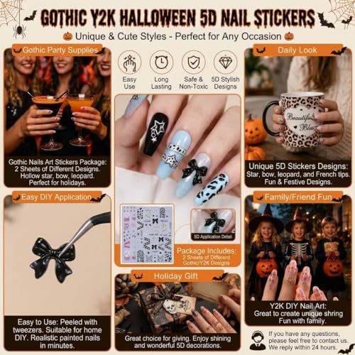 Halloween Gothic Nail Stickers Hollow Star Self-Adhesive Nail Decals 5D Embossed French Tip Nail Art Stickers Y2K Pink Bow Nail Design Stickers Leopard Print Goth Nail Decorations for Women DIY 2Pcs - style: Halloween-5