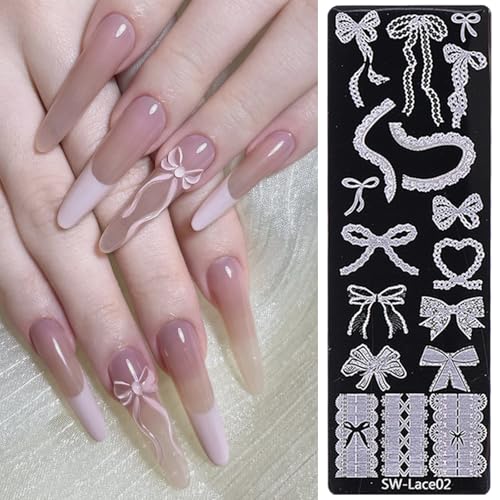 Lace Nail Stamping Plate Set - French Tip Stamp Silicone Nail Stamper Kit Bow Lace Design with Nail Stamp Plates Laser Storage Bag Nail Art Stencil Nail Supplies for Home DIY &Professional Salon - style: Lace Style