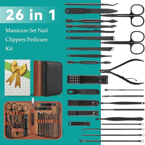 26Pcs Manicure Nail Clipper Set for Men Women Gift, Brown Case - color: Brown