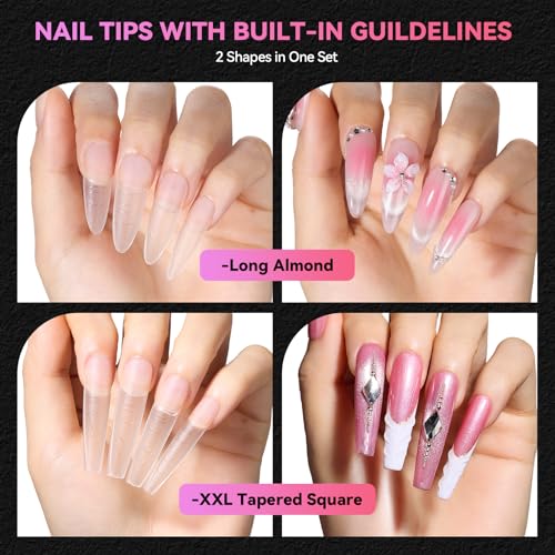 Makartt Long Almond & XL Tapered Square Nail Tips with Built-In Shaping Guides: 2 Shapes in 1 Box-15 Sizes, Pre-Etched Matte Inside False Nails for Nail Extension DIY, Salon Manicure Supplies 384pcs