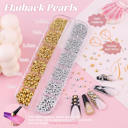 1-3MM Small Nail Beads and Flatback Pearls for Nails Silver Gold Charms - color: 11 Small Nail Beads and Pearls (Gold and Silver)