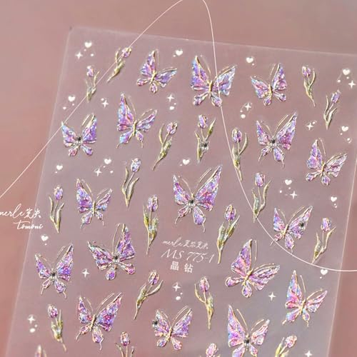 5D Embossed Purple Butterfly Nail Art Stickers with Silver Glitter Rhinestones Nail Decals Design Flower Nails Supply Spring Summer Nail Design Stickers Cute Nail Art Supplies for Women Manicure - style: 5D Embossed Nail Stickers-7